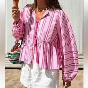 SHEIN Pink Striped Long Sleeve Peplum Blouse – Size M